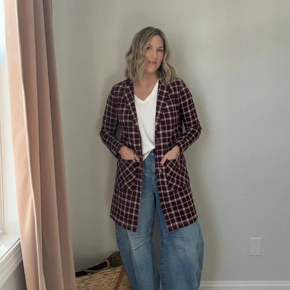 Anthropologie Burgundy Plaid Blazer Jacket - Picture 1 of 3